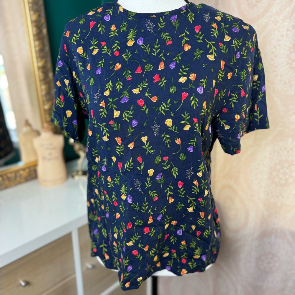 Sag Harbor Navy Floral Top With Shoulder Pads